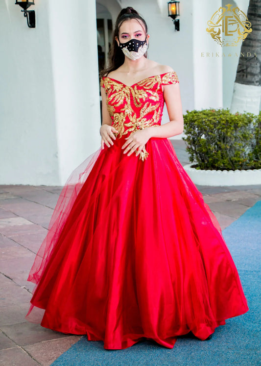 VESTIDO DE FIESTA ROJO BORDADO DORADO