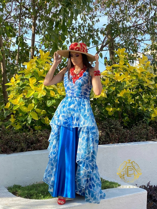 VESTIDO AZUL CON BLANCO AMPLIO
