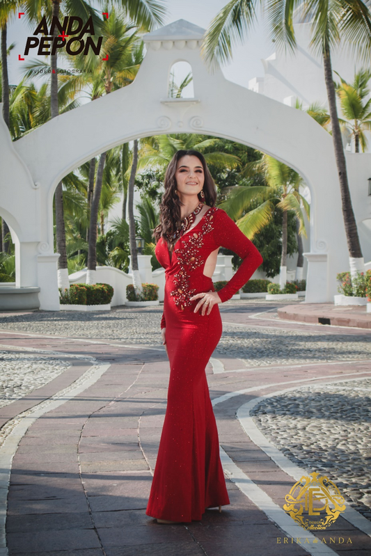 VESTIDO  LARGO ROJO LATERAL BORDADO