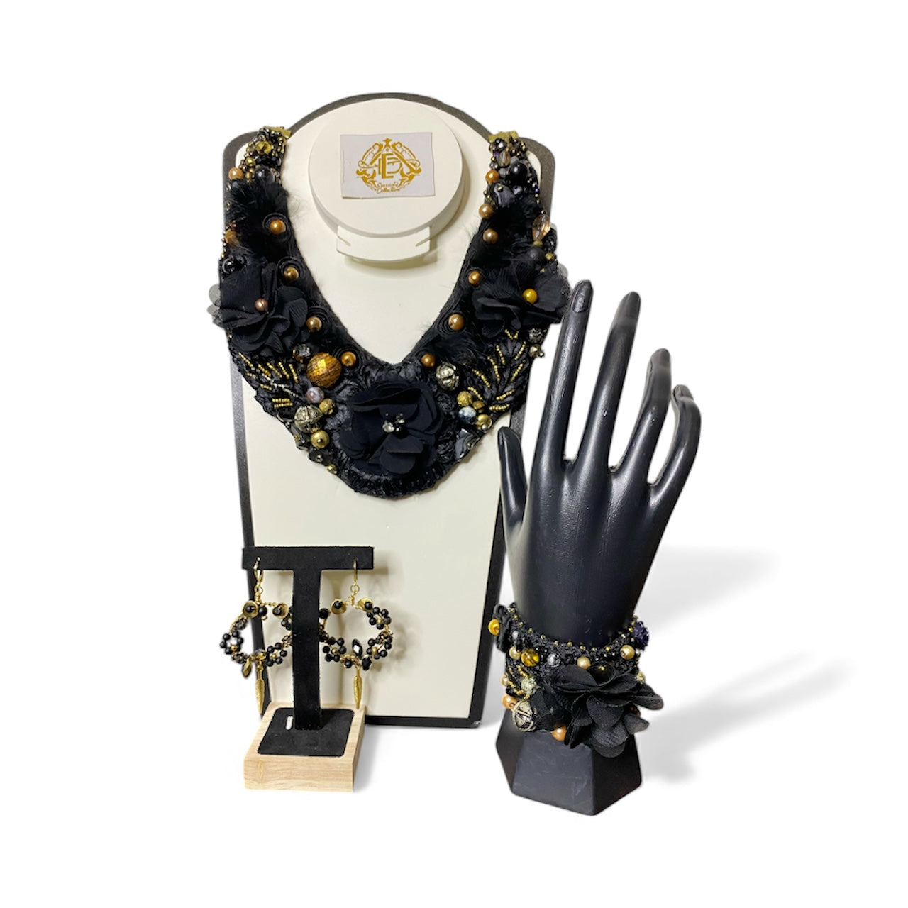 COLLAR DE FLOR DE CHIFÓN NEGRO CON ARETES Y PULSERA