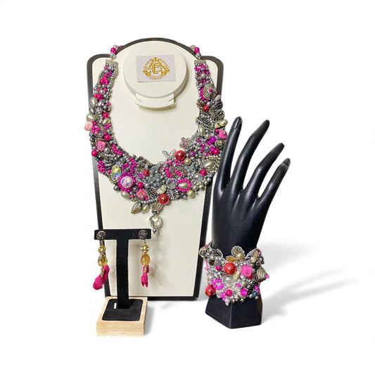 COLLAR DE GRIS CON ROSA PIEDRA NATURAL